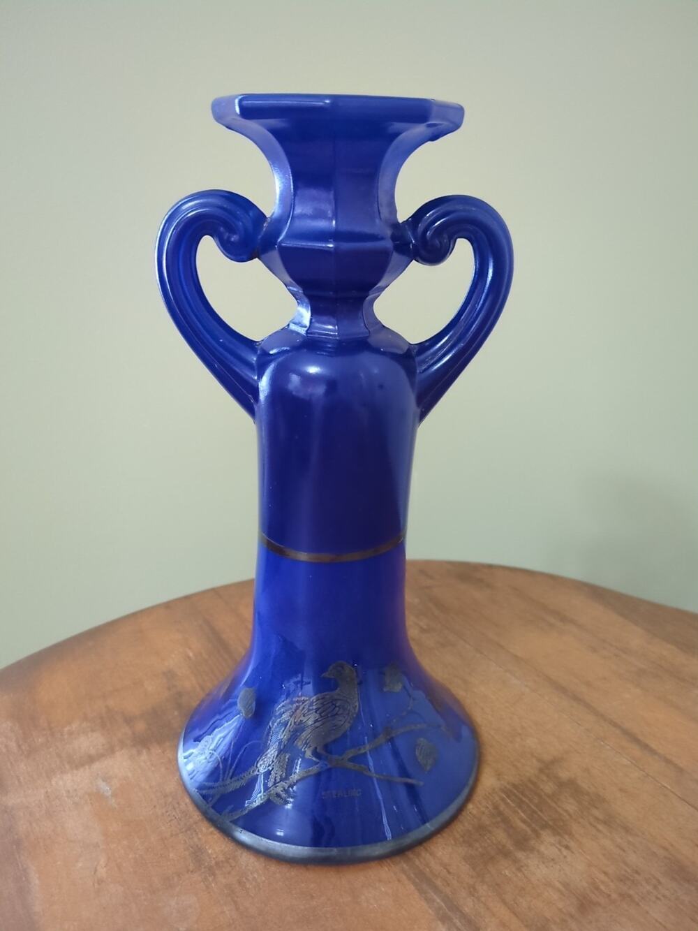 Tiffin 15179 Cobalt 2 Handle Candlestick With Sterling Phoenix Decoration